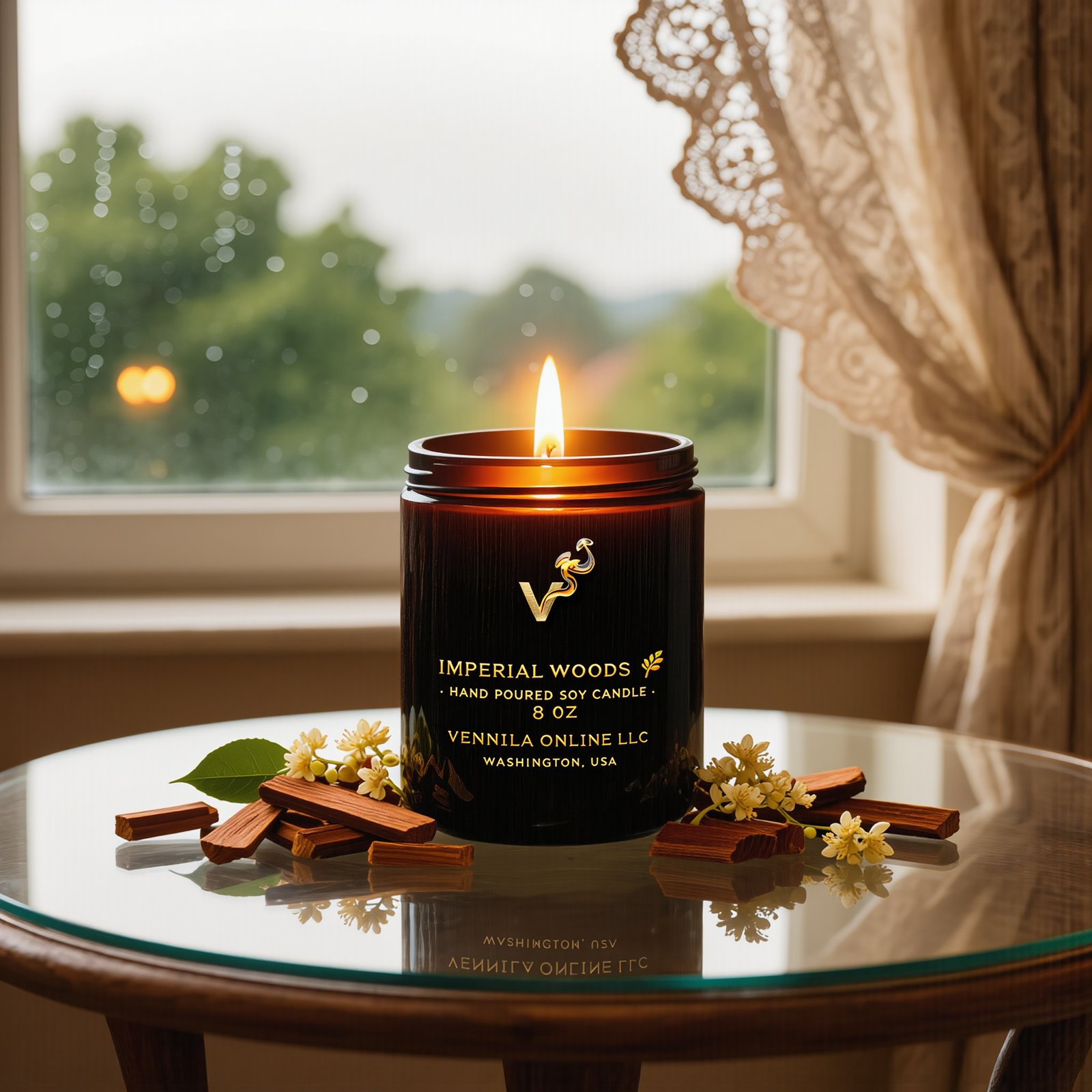 Imperial Woods candle lit by a window