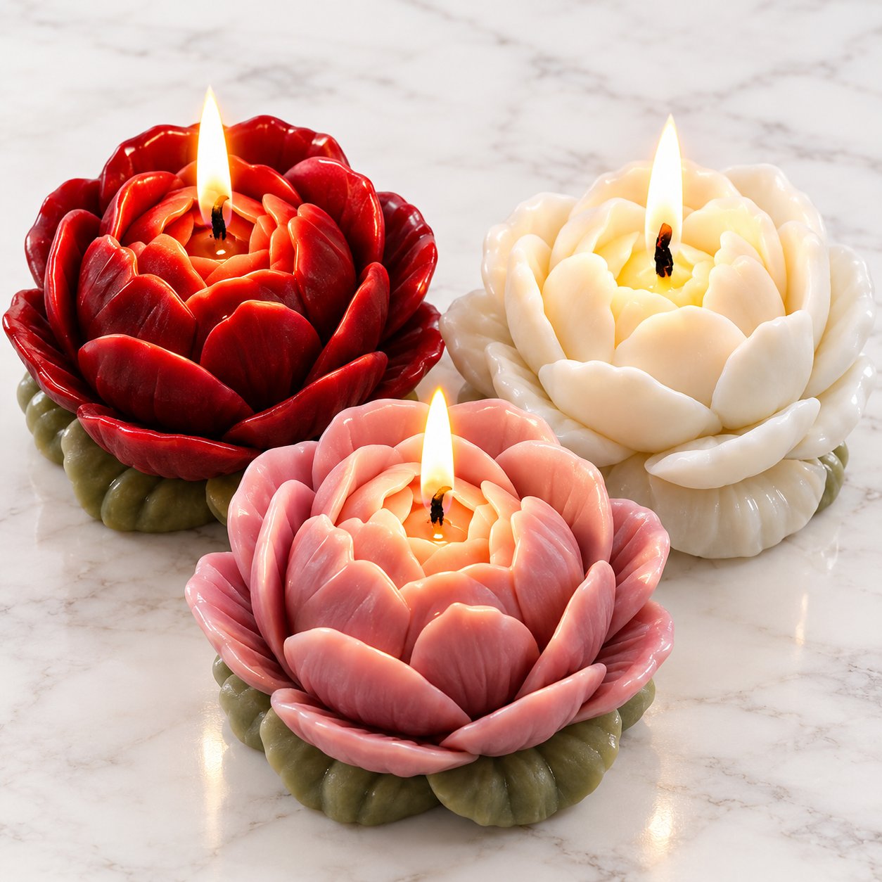 3-Roses Scented Soy Candle Set, Red, Ivory, and Pink